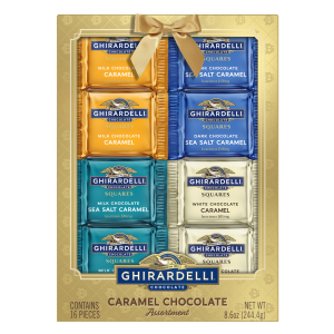 ghirardelli Assorted Caramel Chocolate Gold Gift Box 16 SQUARES